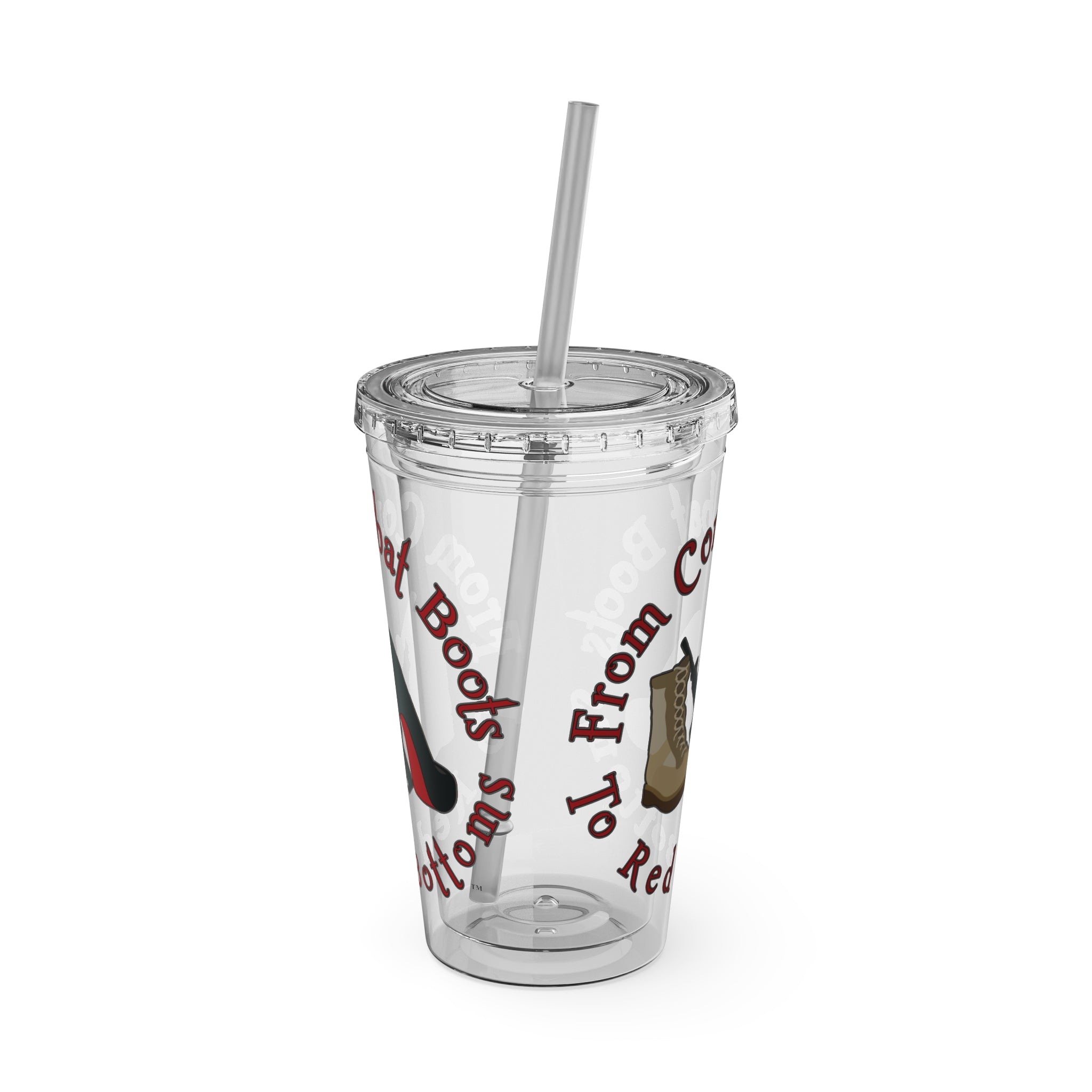 16oz Sunsplash Tumbler with Straw — 'Red Bottoms' Combat Boots Graphic