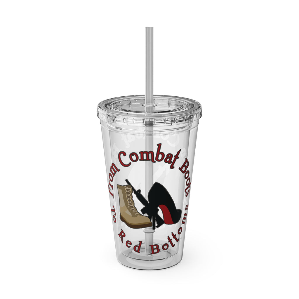 16oz Sunsplash Tumbler with Straw — 'Red Bottoms' Combat Boots Graphic