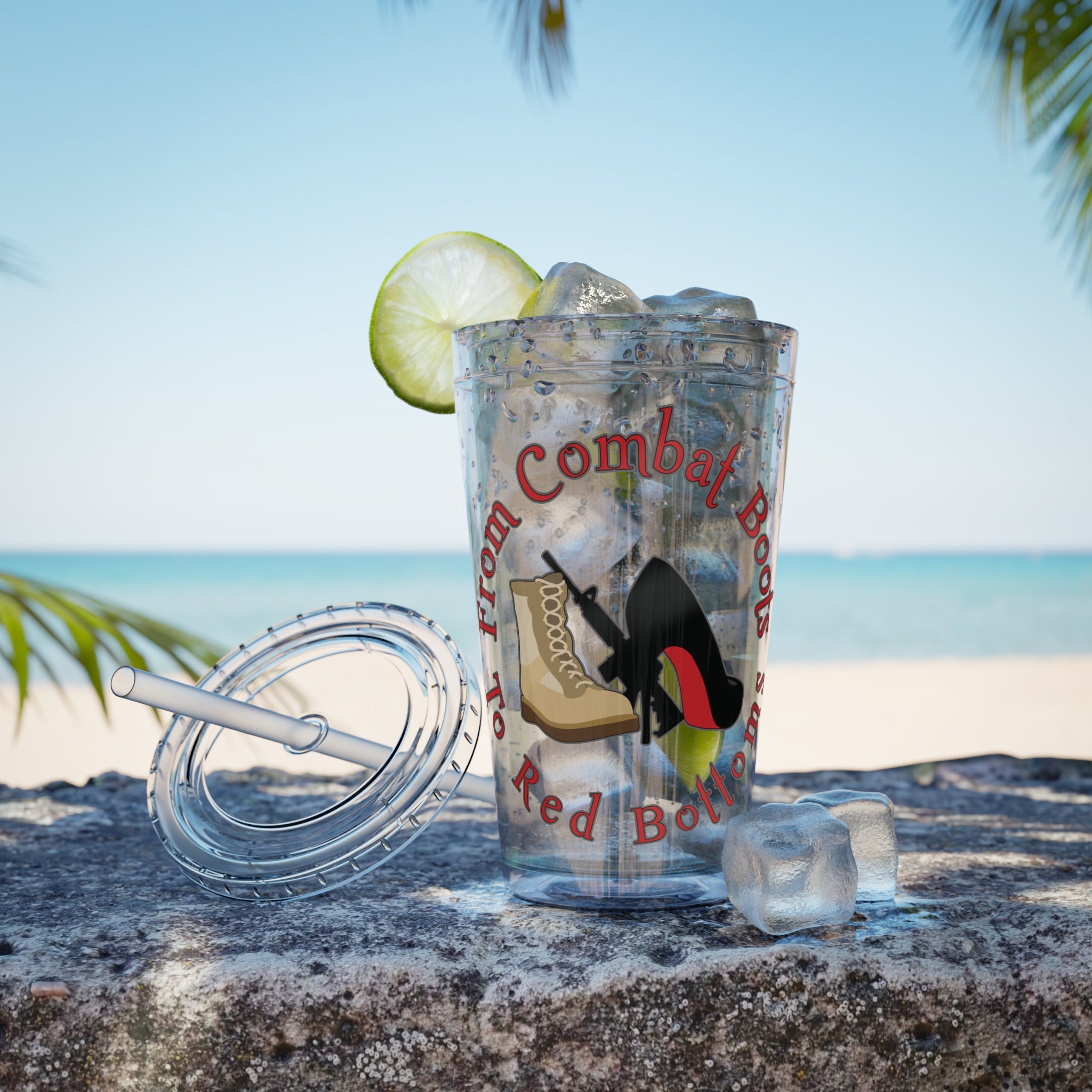 16oz Sunsplash Tumbler with Straw — 'Red Bottoms' Combat Boots Graphic